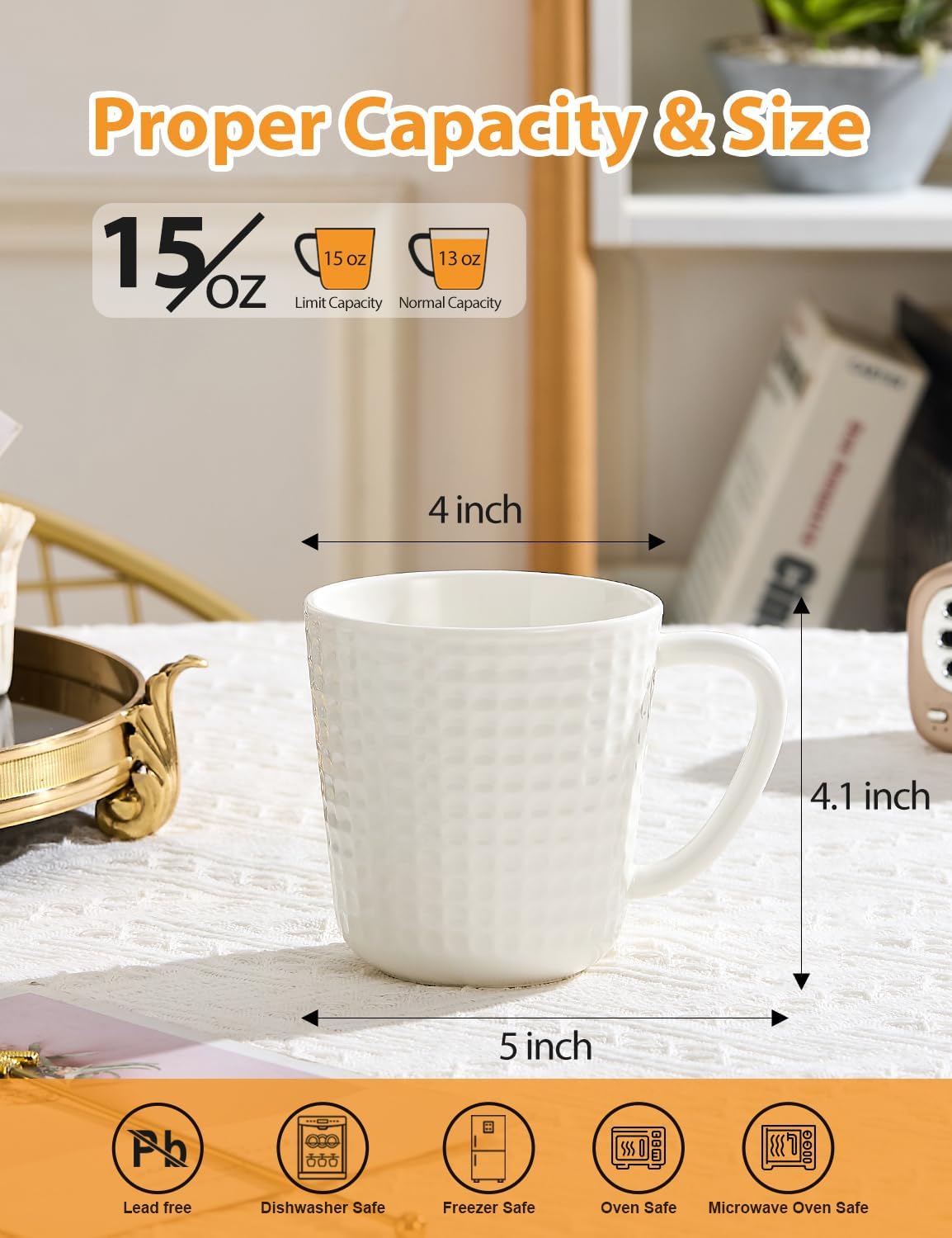 Ceramic Coffee Mugs 15 oz, Large Waffle Embossed Mug Set, Coffee Cups for Latte, Cappuccino, Cocoa, Tea, Mocha, Milk, Housewarming Wedding Present,Microwave & Dishwasher Safe - Set of 4 (White)