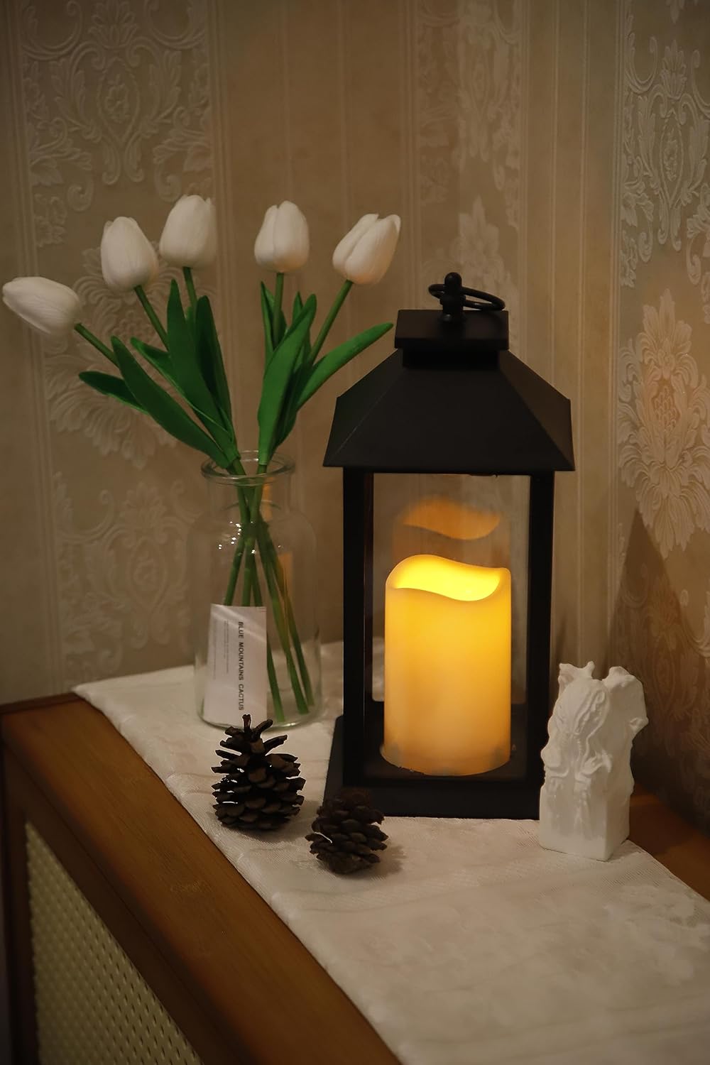 YAKii Hanging Glass Panes Lantern Portable Led Lantern Decorative Operated by 3AAA Battery Use for Garden Yard, Indoor Decoration Candle (Black)