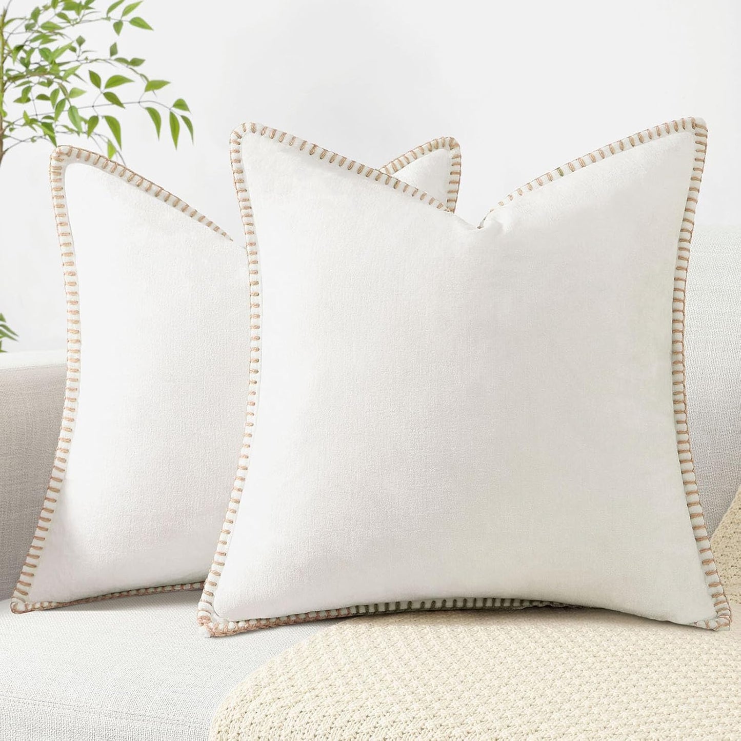 decorUhome Chenille Soft Throw Pillow Covers 18x18 Set of 2, Farmhouse Velvet Neutral Decorative Euro Pillow Covers with Stitched Edge for Couch Sofa Bed Home Decor, Cream White