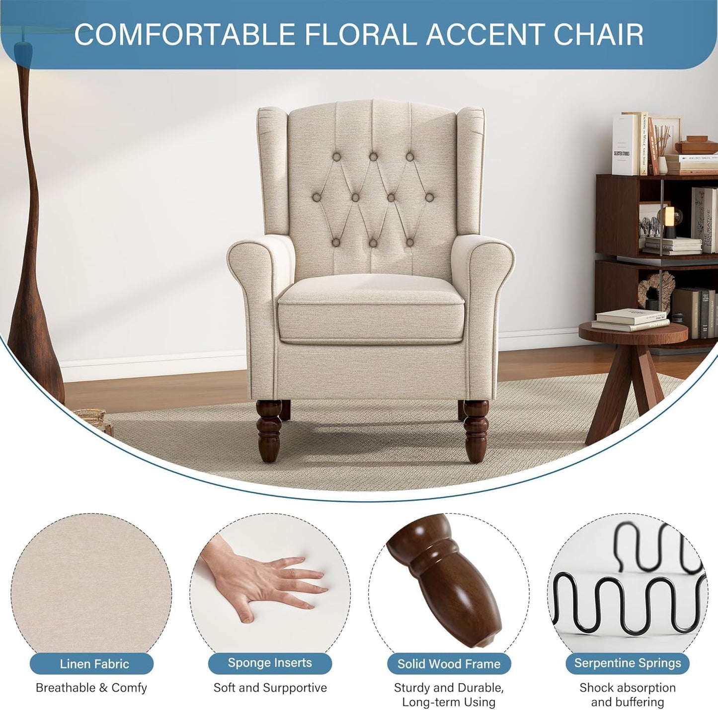 UIXE High Back Accent Chairs Set of 2, Upholstered Armchair in Fabric for Living Room, Retro Wingback Arm Chair Comfy Single Sofa Bedroom Reading Seat with Solid Wood Legs - Beige