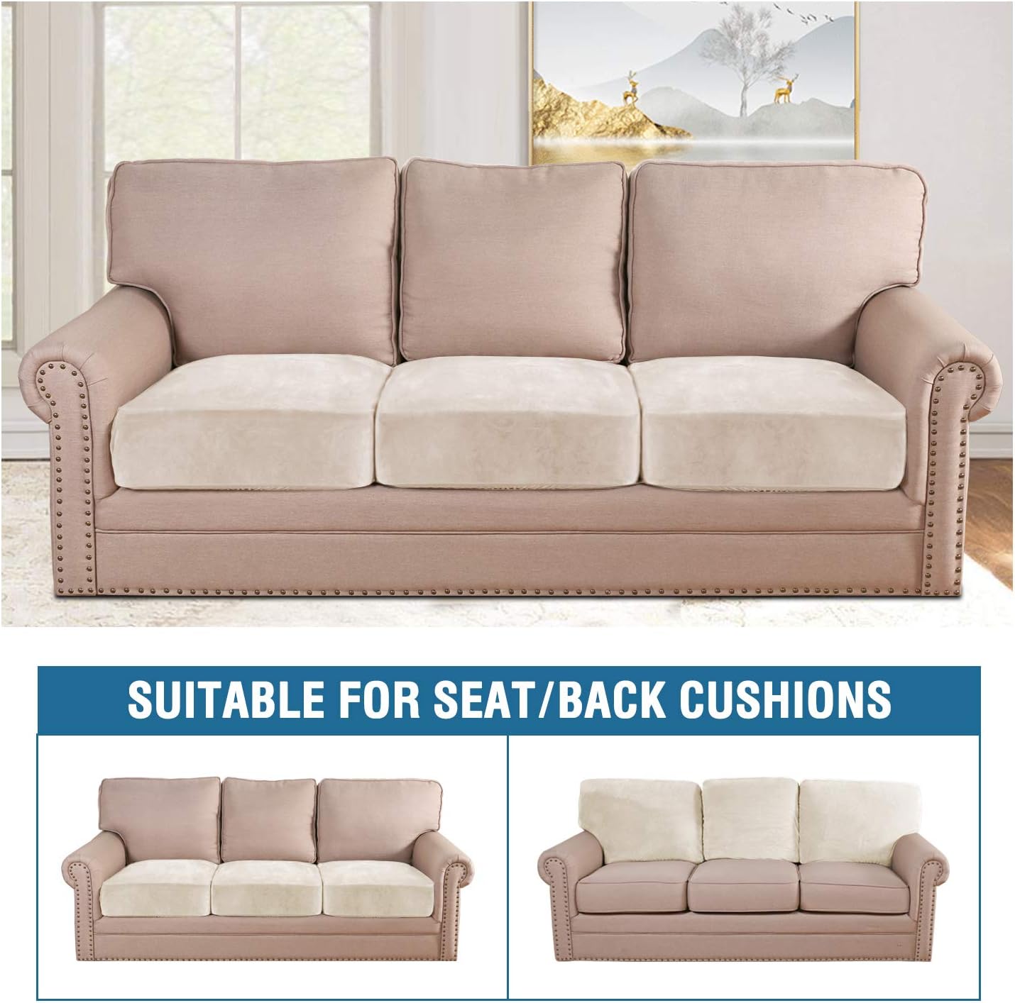 H.VERSAILTEX Velvet Stretch Couch Cushion Cover Plush Cushion Slipcover for Chair Loveseat Sofa Cushion Furniture Protector Seat Cushion Sofa Cover (3 Piece Sofa Cushion Covers, Ivory)