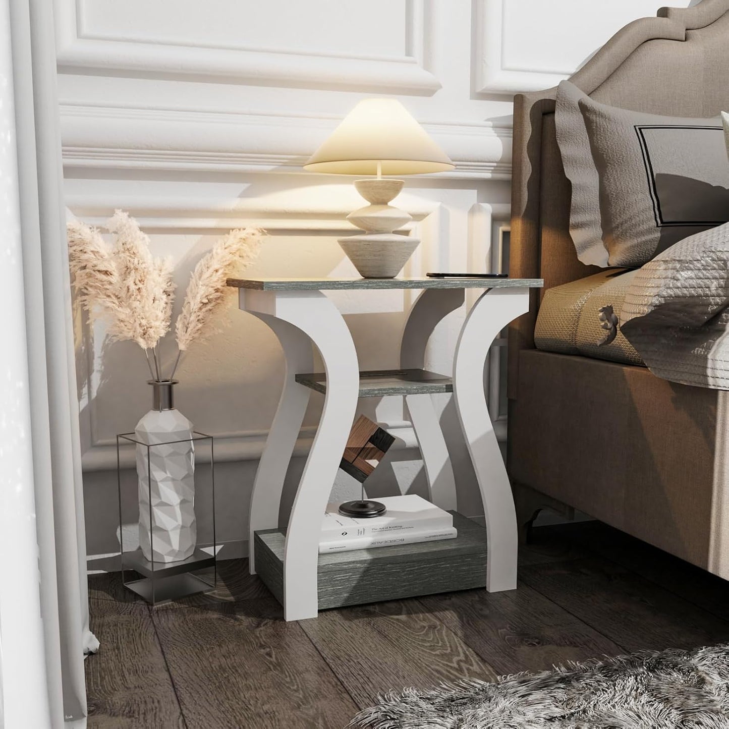 End Tables Living Room, Grey End Table with Charging Station, Grey Side Table, Nightstand for Bedroom, 3 Tier End Table with Storage Shelf for Living Room