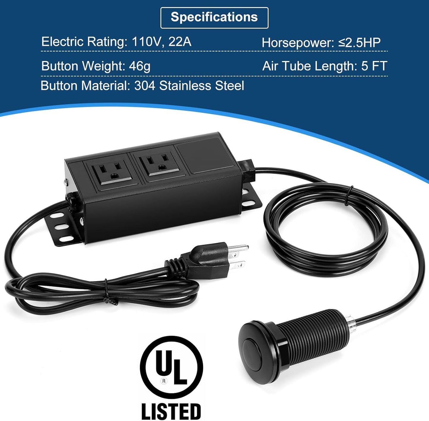 Dual Outlet Garbage Disposal Air Switch Kit, UL Listed Sink Top Air Switch for Food Waste Disposal, 3.58” Extra Long Air Button, Black Stainless Steel