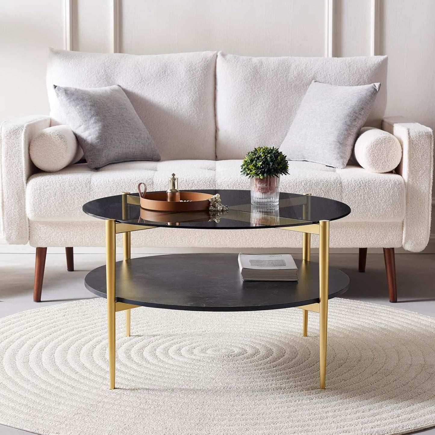 Round Coffee Table for Living Room, Mid-Century Modern Design, D30 x H17, 2-Tier Structure, Grey Glass Top and Black Marble Finish Wood Shelf, Sleek Conical Metal Legs with Gold Finish Frame