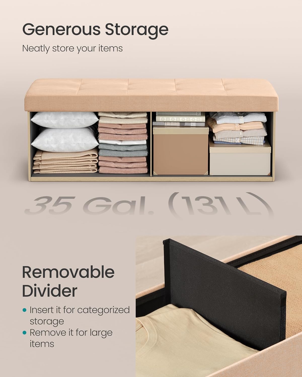 SONGMICS Mazie Collection - Storage Ottoman Bench, 43 Inches Folding Foot Rest Stool, End of Bed Bench, Easy Assembly, for Living Room, Bedroom, Entryway, Apricot Orange ULSF077O01