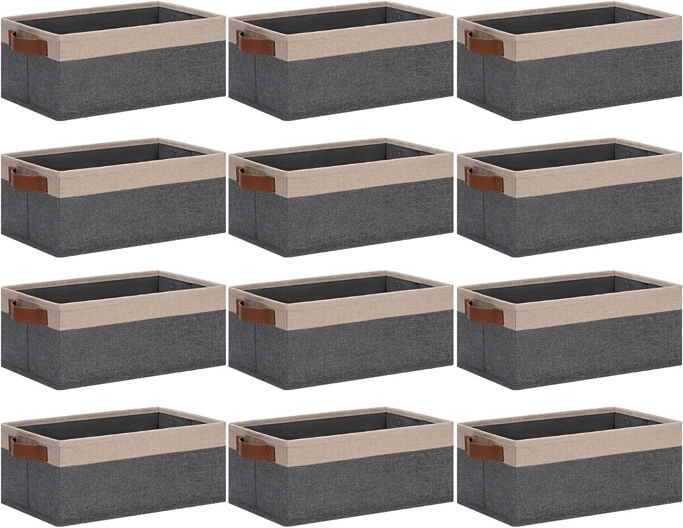 GhvyenntteS Small Fabric Storage Bins 12 Pack, 11.8" x 7.87" x 5.11" Storage Basket with Leather Handles, Closet Storage Bins for Shelves, Storage Baskets for Shelves, DVD Storage (Grey&Beige Yellow)