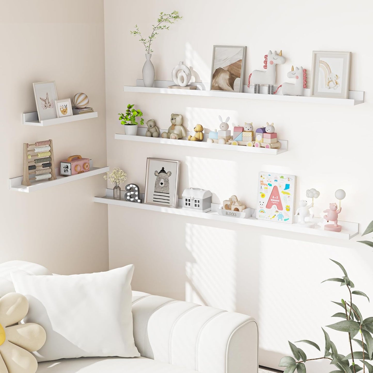 Heimlove Picture Ledge Shelf, Floating Shelves Set of 2, 16 Inches Picture Shelf for Wall with Ledge, Kids Bookshelf Wall Mounted for Living Room Bedroom Decor Books Photo Frames - White