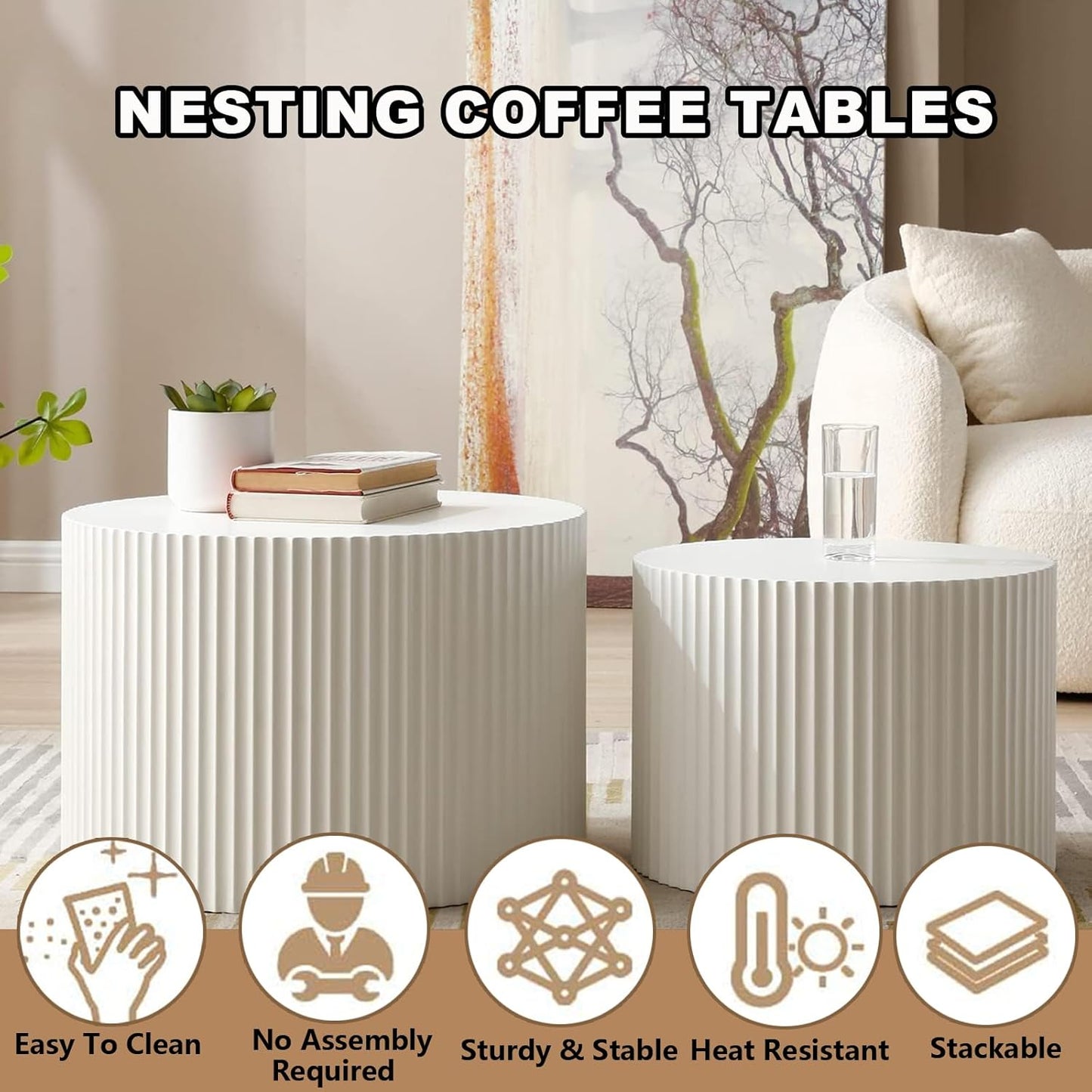 Round Nesting Coffee Table Set of 2, Modern Coffee and End Table Set Small Circle Wooden Drum Side Table Accent End Tables for Living Room Office, No Assembly,Cream Large
