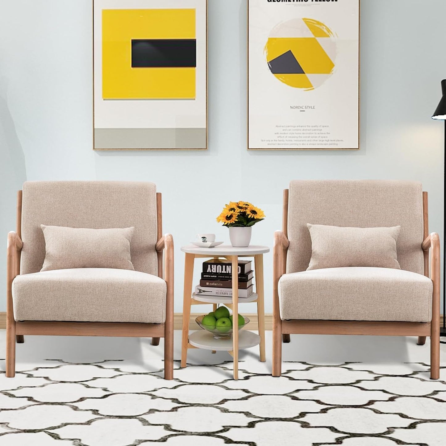 INZOY Mid-Century Modern Accent Chair Set of 2, Upholstered Living Room Chairs with Waist Cushion, Reading Armchair for Bedroom Sunroom