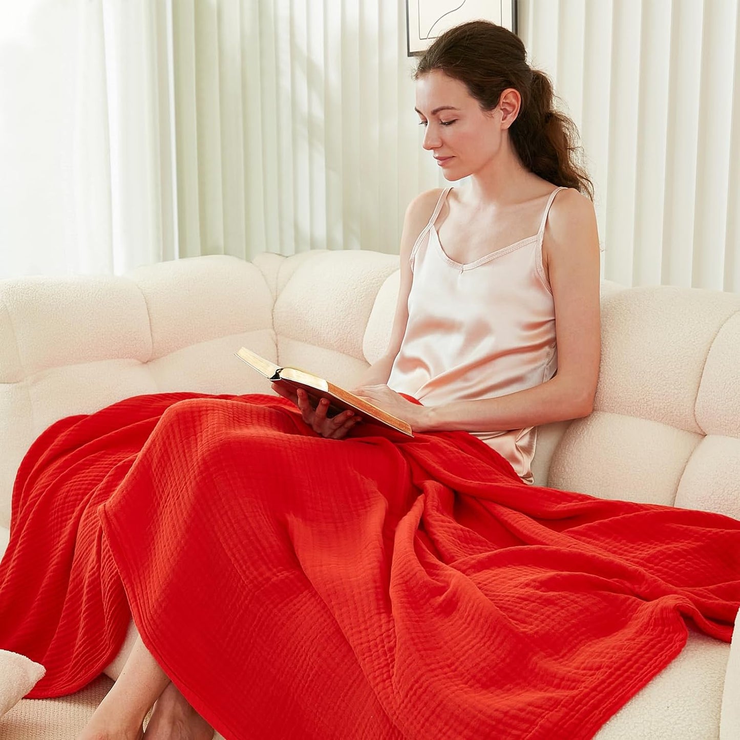 EMME Cotton Blanket Queen Size for Bed Soft Large Muslin Bed Blankets 90"x90" Lightweight Breathable All Season Gauze Blanket, Orange Rust