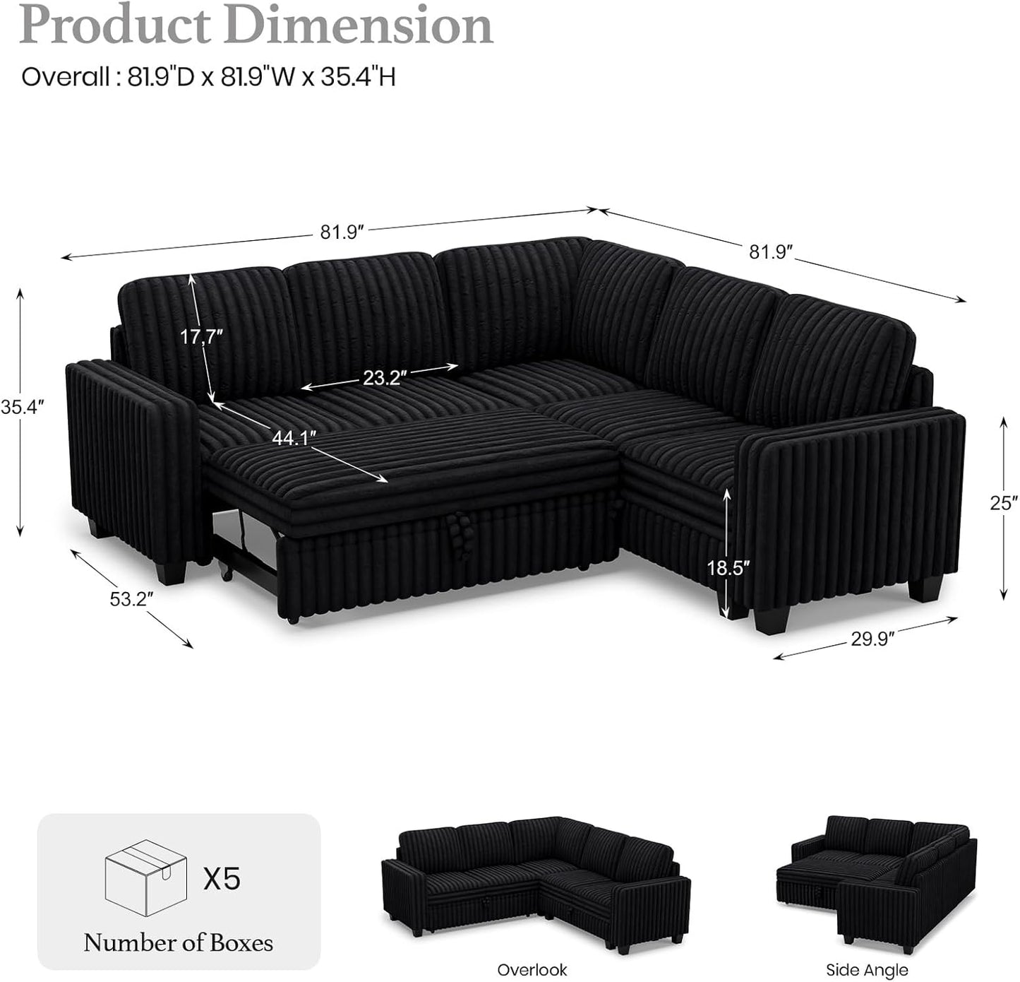 Belffin Plush Corduroy Modular Sectional Sofa with Pull Out Bed Convertible Small Sectional Corner Couch for Living Room Black Couch