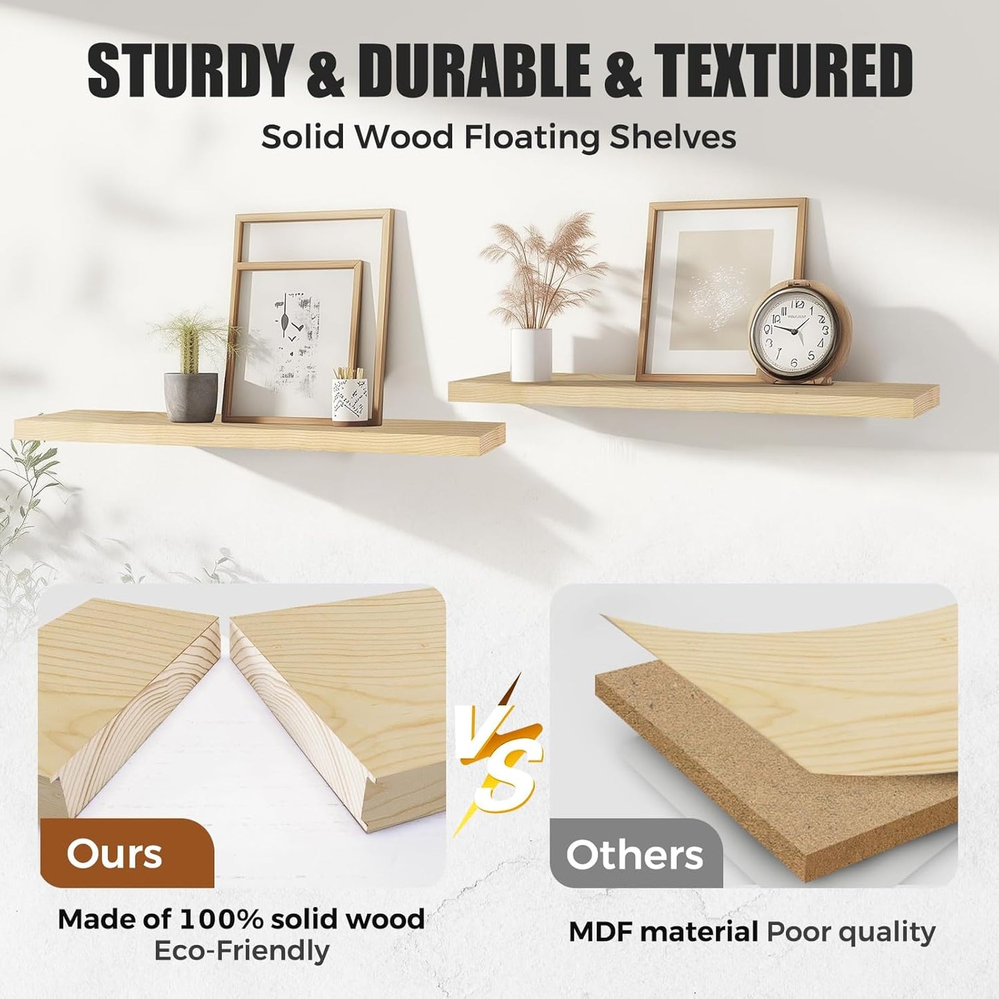 Floating Wall Shelves 4-Pack - Rustic Wood 16-inch Wooden Wall Shelves for Storage and Décor, Multi-Functional and Easy to Install for Living Room, Bedroom, and Kitchen