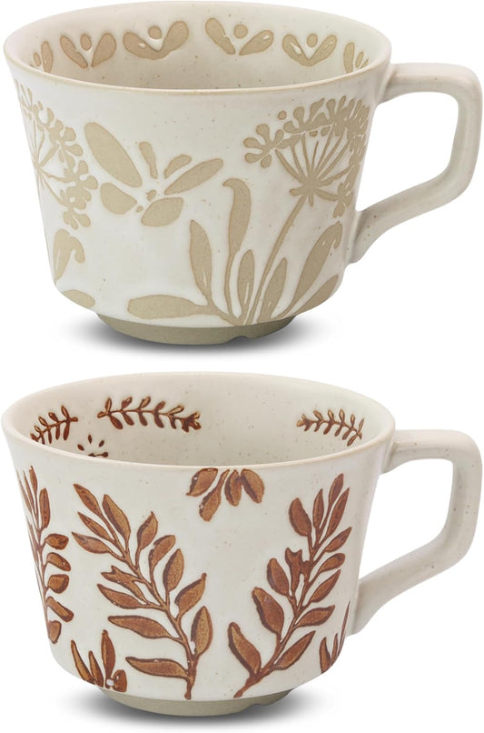 Ceramic Coffee Mug, 12 oz Novelty Unique Teacup with Large Handle, Stoneware Cup for Tea Mocha Latte Cappuccino Espresso (Set of 2, Butterfly and Ivy)