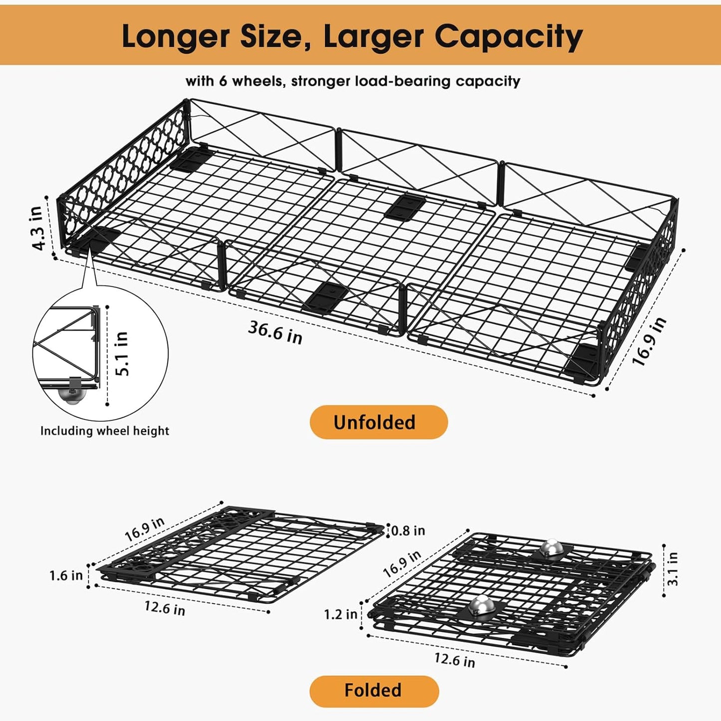 NADAMOO Large Under Bed Storage with Wheels, Low Profile Rolling Under Bed Storage Containers，Foldable Metal Under the Bed Organizer Bins for Bedroom，1 Pack