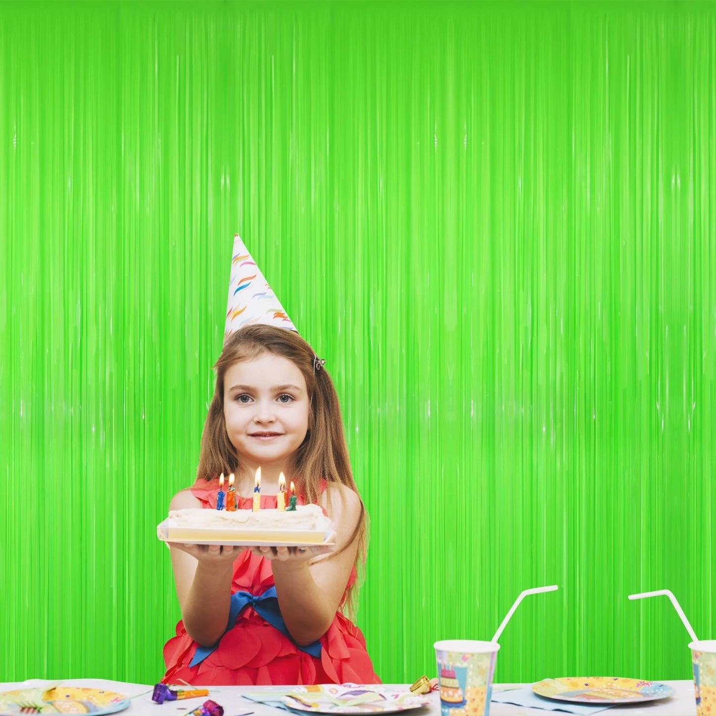 GOER 6.4 ft x 8.2 ft Metallic Tinsel Foil Fringe Curtains Party Photo Backdrop Party Streamers for Birthday,Graduation,New Year Eve Decorations Wedding Decor(2 Packs,Candy Lime Green)