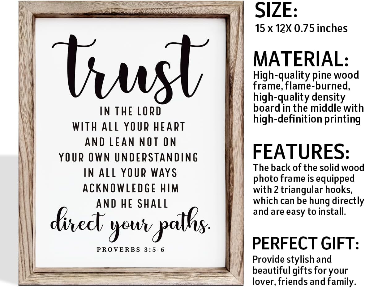 Christian Wall Signs, Rustic Home Decor, Church Room Decoration, Proverbs 3:5-6 Sign, Framed Wall Plaque Sign 15 * 11.5 inches, Trust in the Lord with All Thine Heart