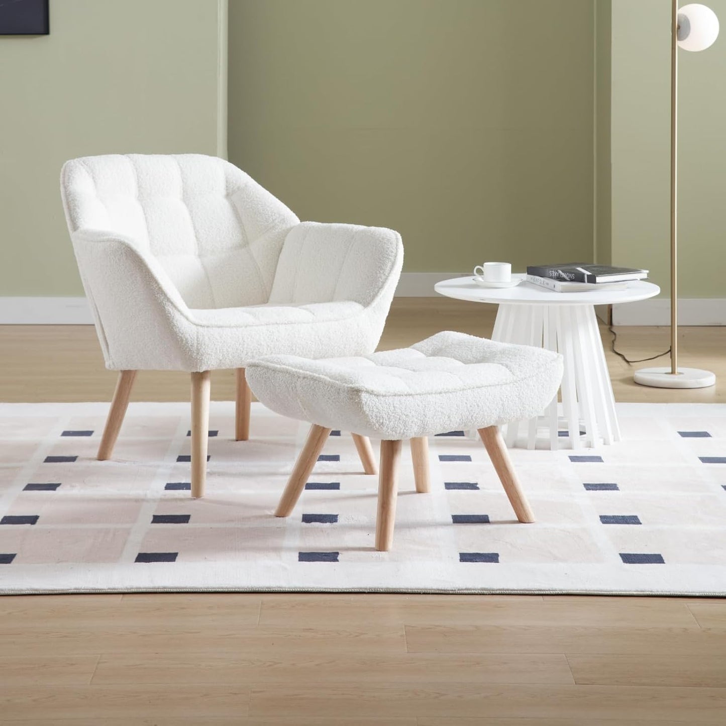 Modern Sherpa Accent Chair with Ottoman, Fluffy Upholstered Lounge Chair with Footrest, Comfy Living Room Side Boucle Armchair for Small Space Bedroom Apartment, White