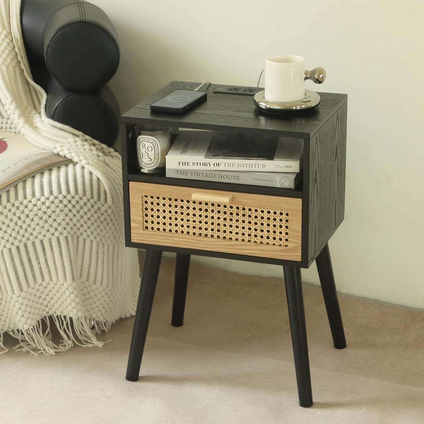 MaxSmeo Mid Century Modern Nightstand with Charging Station, Bedside Tables with Rattan Drawer, Small Wood Nightstand Side Table for Living Room,Bedroom (Black)