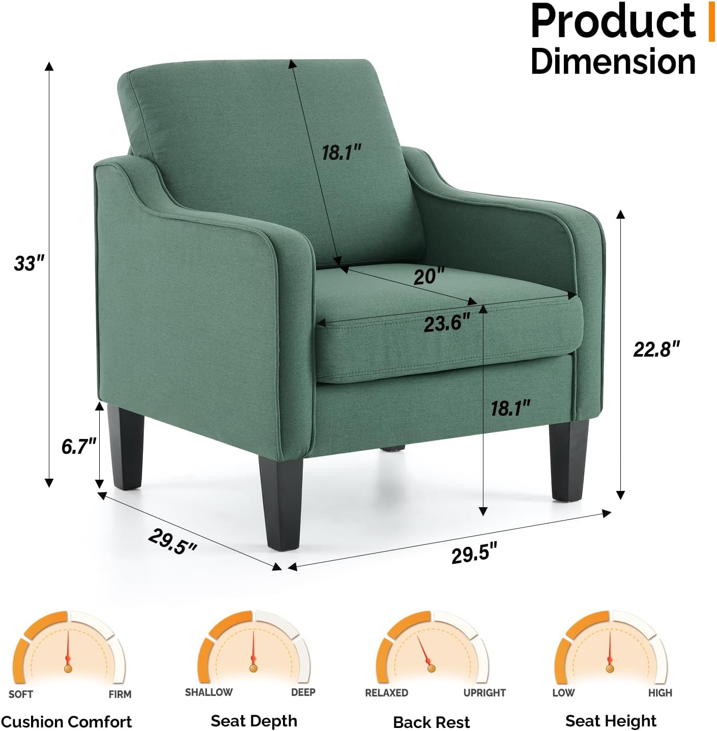 VINGLI Accent Chair for Living Room Chairs Dark Green Reading Chair for Bedroom Scooped Arm Chair Mid Century Modern Accent Chairs Upholstered Comfy Chair for Apartment, Waiting Room