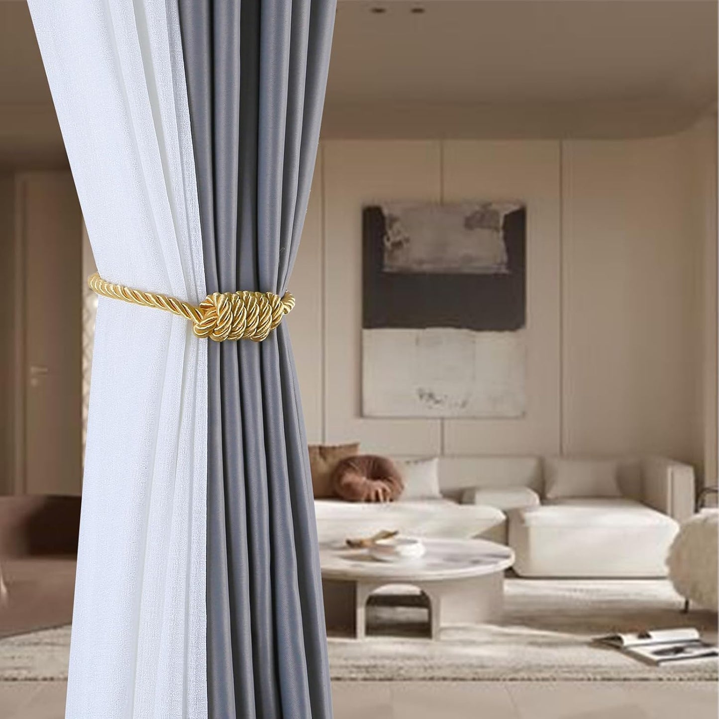 Fenghuangwu 2Pack Magnetic Curtain Tiebacks – Bohemian Style Handmade Woven Tie-Backs for Drapes,Elegant Exquisite Knot Holdbacks,Outdoor Boho & Modern Home Decor（Gold