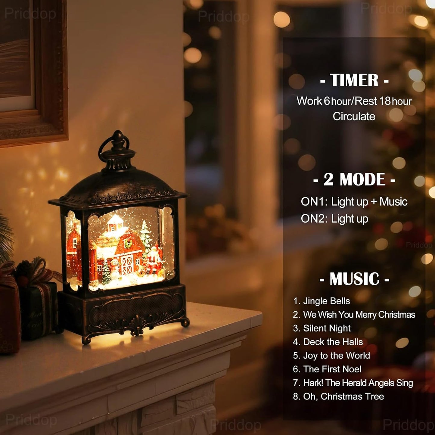 Christmas Snow Globe Lantern Christmas Decorations Gifts Barn Snowman Santa Claus Cardinal Winter Farm Scene Musical Glitter Snowfall USB/Battery Timer 12 inch