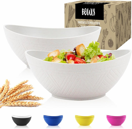 Wheat Straw Bowls Set of 2 with Textured Pattern,Unbreakable Large Salad Bowls,Plastic Bowls Dishwasher & Microwave,Sturdy and Stackable Kitchen Bowl Sets for Serving,Oatmeal.White