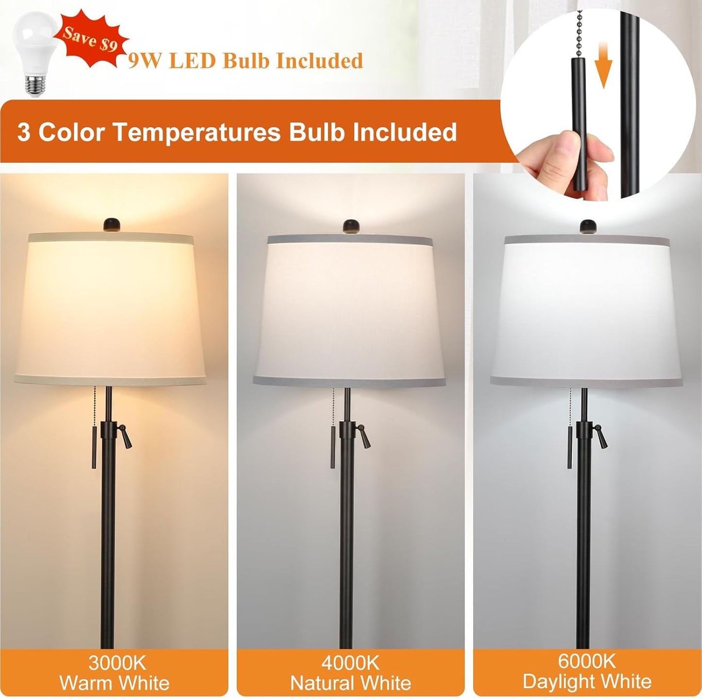 Black Floor Lamps for Living Room Adjustable Height Standing Lamp Modern Tall Pole Lamps for Bedroom Office with White Linen Shade 3 Color Temperature 9W LED Bulb Included