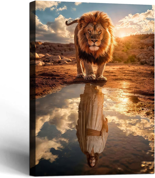 Framed Canvas Wall Painting Lion and Jesus Reflection Religious Poster Inspirational Faith Gallery Picture Print for Living Room and Bedroom Decor 12x16 Inch Ready to Hang