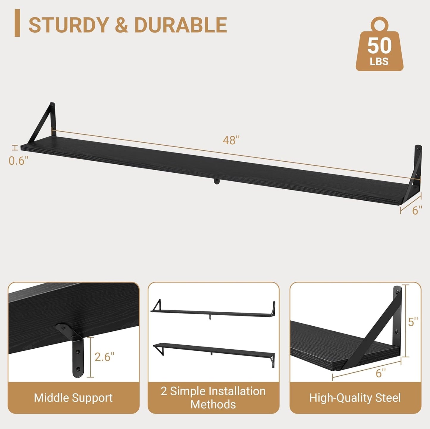 Heimlove 48 Inch Large Wall Bookshelves Set of 3, Wall Mounted Bookshelves,Heavy Duty Wooden Shelves for Living Room,Bedroom,Kitchen,Laundry Room Storage & Decor