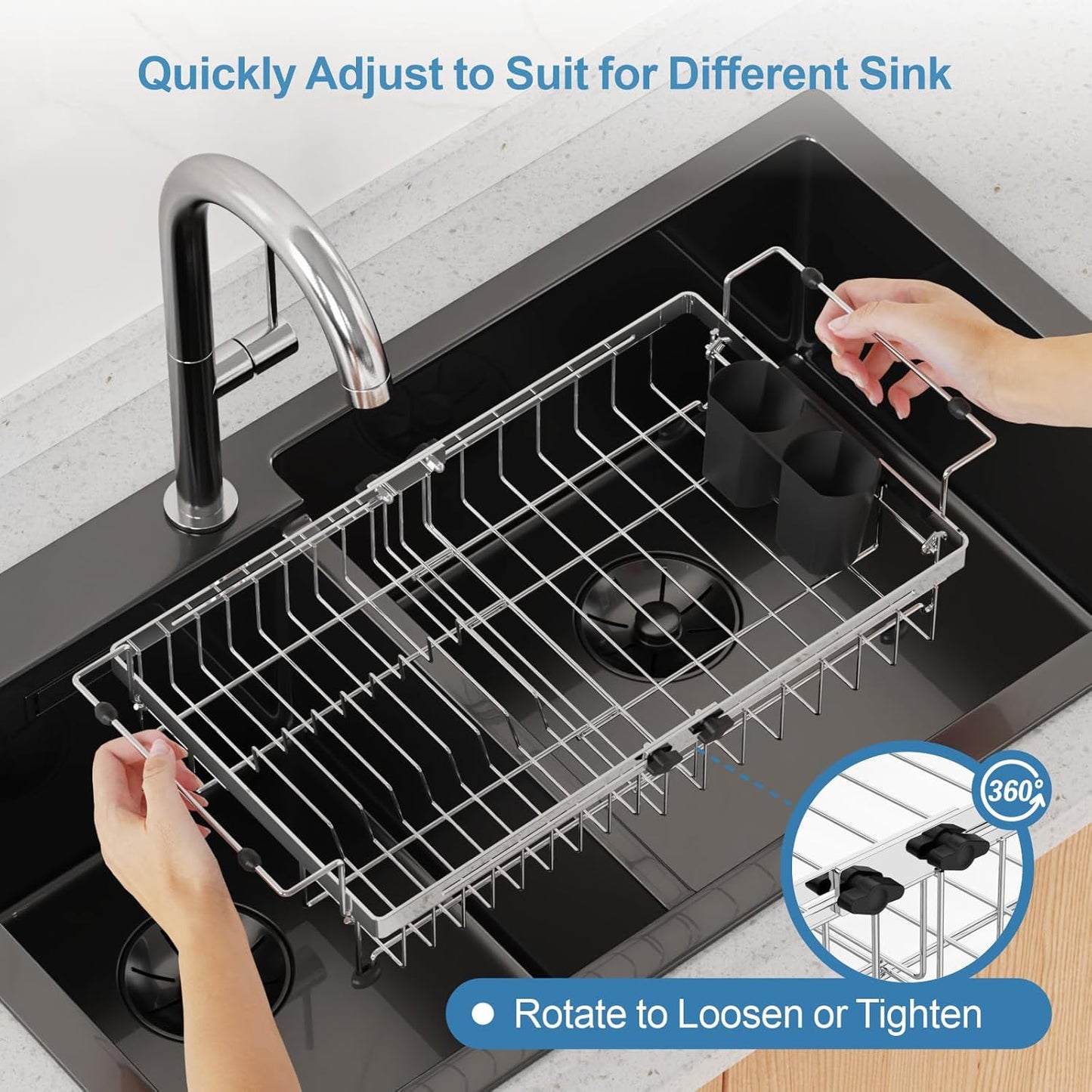 GSlife Stainless Steel Dish Drying Rack - Capacity Expandable in Sink Dish Drainer with Silicone Mat, Over Sink Dish Rack with Utensil Holder for Kitchen Counter, Large Capacity, Silver