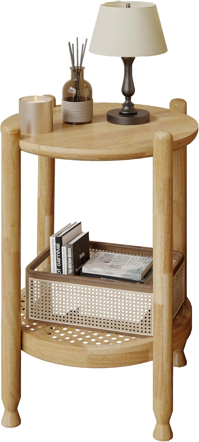 NSdirect Round End Table for Living Room, 2-Tier Rustic Wood Center Table for Home Decor with Boho Woven Rattan Storage Shelf | Modern Farmhouse Design, Easy Assembly, Oak