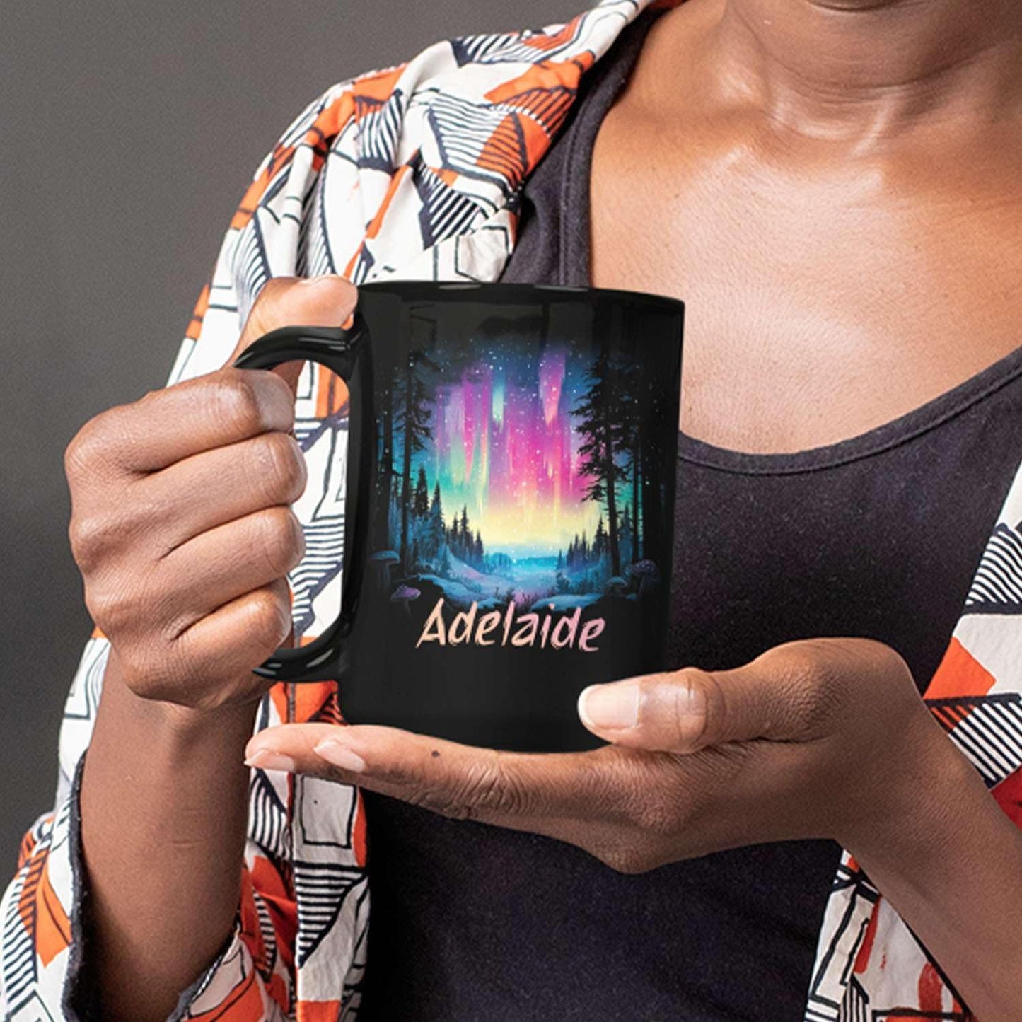 Personalized Winter Landscape Coffee Mug, Custom Northern Lights Ceramic Cup, Enchanted Forest With Vibrant Sky Mug, Custom Choose Name Black Mug 11oz 15oz, Gift For Nature Lovers