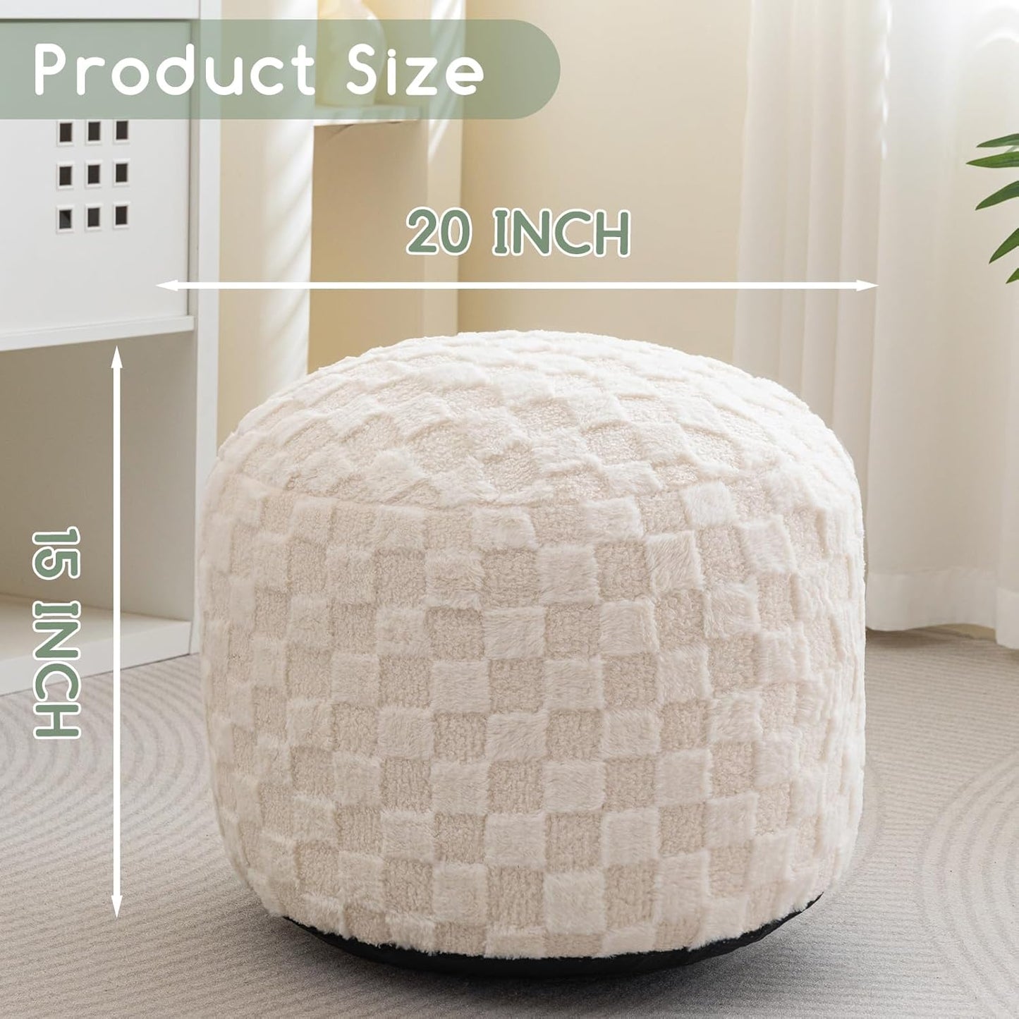 HIGOGOGO Round Stuffed Pouf Ottoman, Plaid Poufs with Foam Chunk Filling, Fluffy and Furry Pouf Foot Stool Storage Ottoman, 20 X 15 Floor Poufs Foot Rest for Living Room, Beige