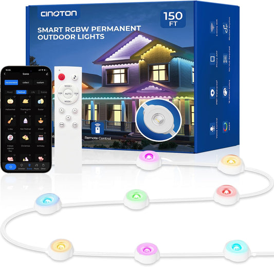 CINOTON Permanent Outdoor Lights 150ft, Smart RGBW Eaves Lights with 108 LEDs, IP67 Waterproof, 111 Scene Mode for Daily and Festival, Halloween Christmas Party Holiday Decor, APP/Voice/Remote Control