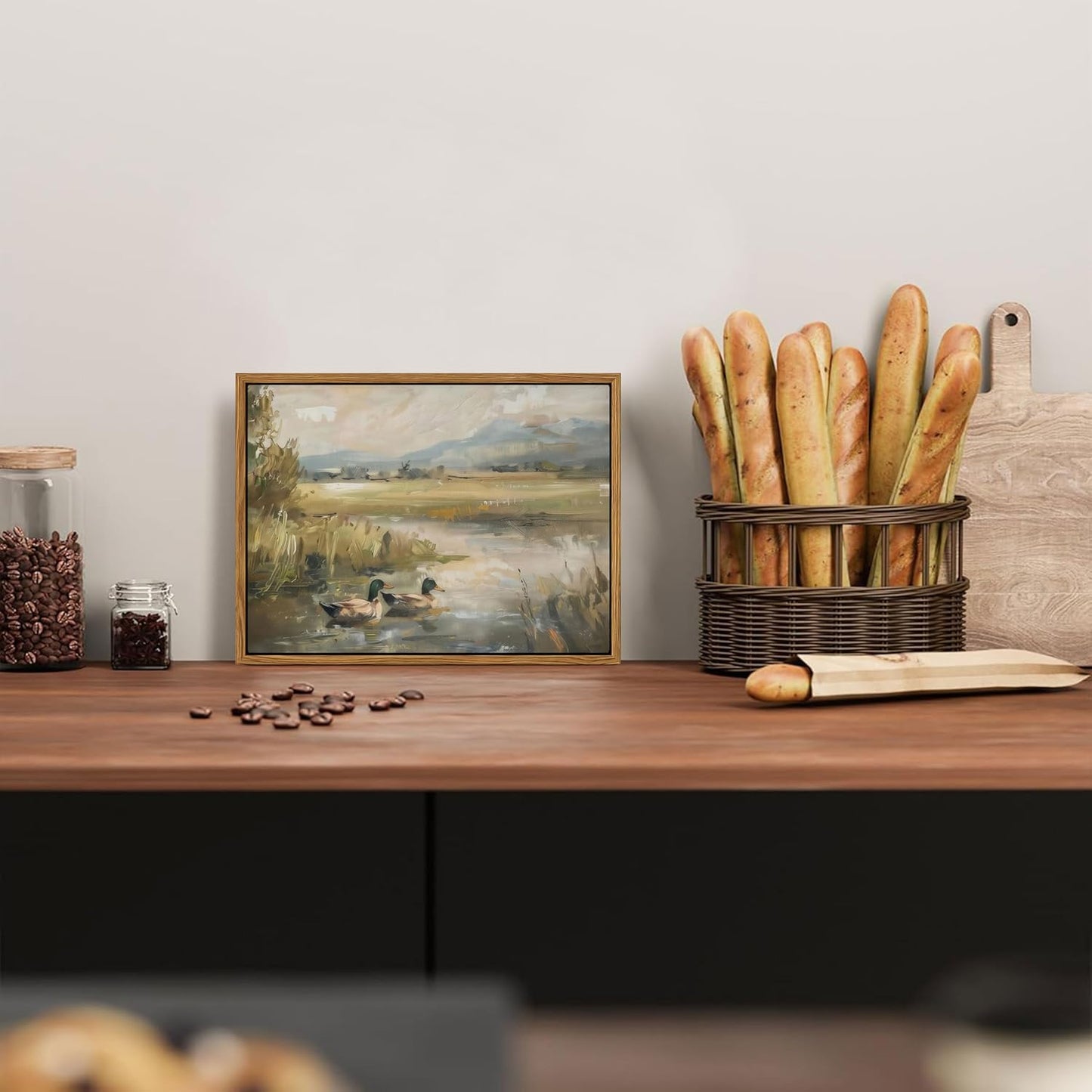 Floating Framed Canvas Wall Art, Vintage Mallard Duck Oil Paintings Print, Countryside Art Wildlife Nature Pond Wall Decor for Living Room, Bedroom, Office, Rustic Decor 8x10 inch