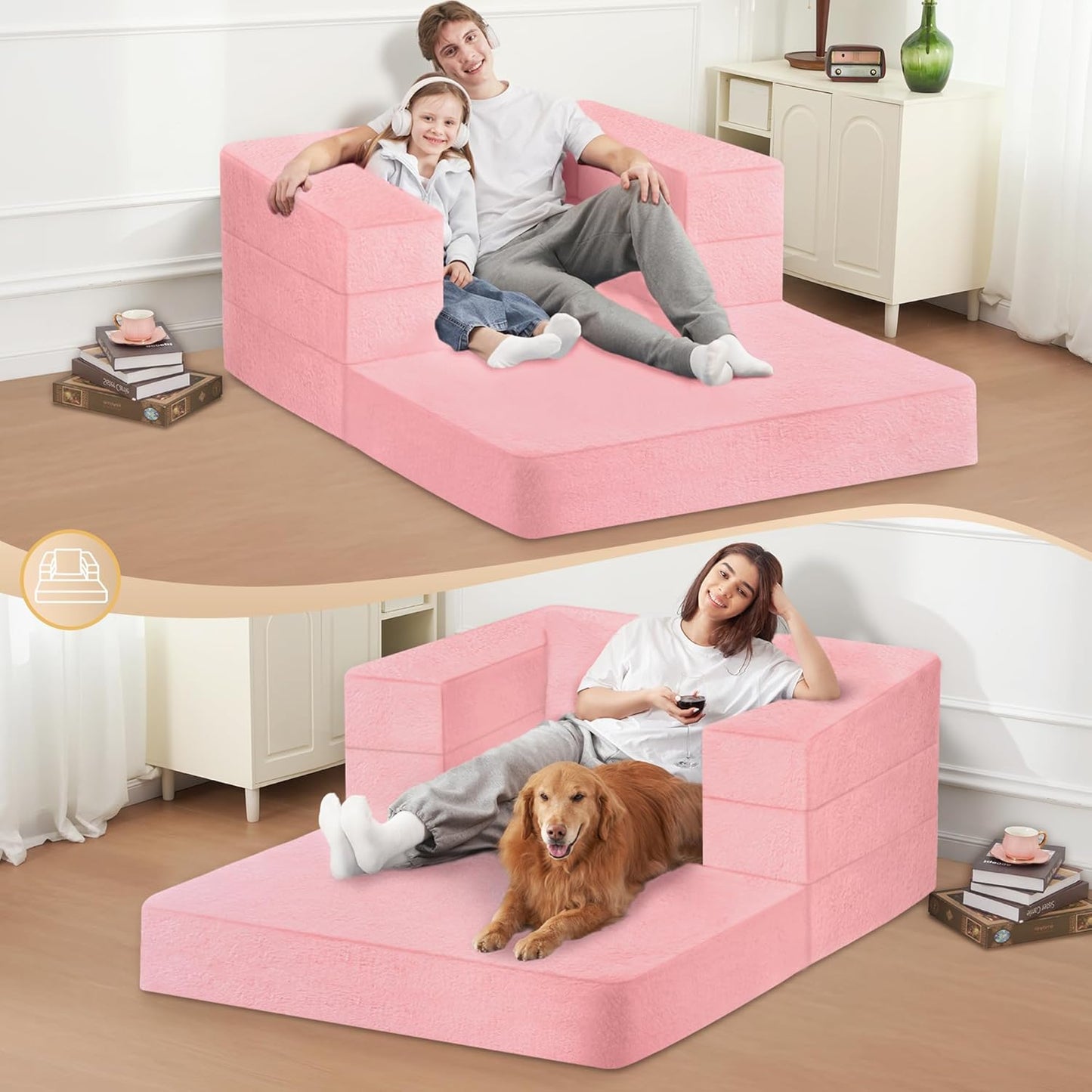 Folding Bean Bag Chair for Adults,3-in-1 Bean Bag Couch Faux Fur Floor Sofa Large Beanbag Convertible Bean Bag Sofa Bed with Pillow in Bedroom,Living Room,Apartment(Twin,Pink)