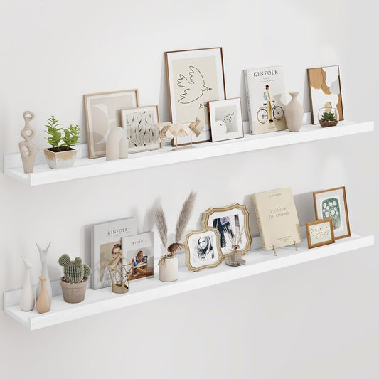 Floating Picture Ledge Shelves 55 Inch Solid Oak Wood Set of 2, Rustic Wall Storage Shelves with Lip, Kids Bookshelf, Photo & Picture Ledge Shelves for Bedroom, Living Room, Kitchen