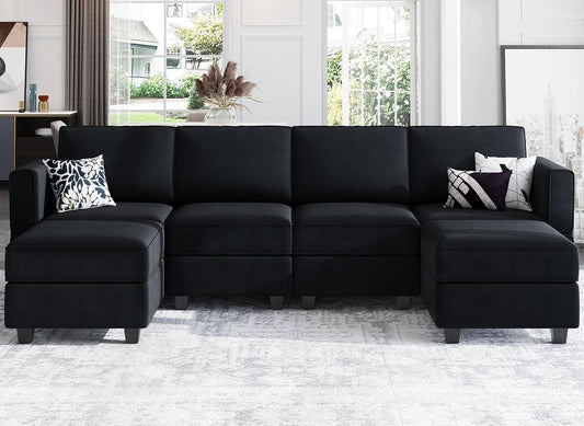 Belffin Modular Sectional Sofa with Reversible Chaises Velvet U Shaped Sectional Couch with Storage Seat Black