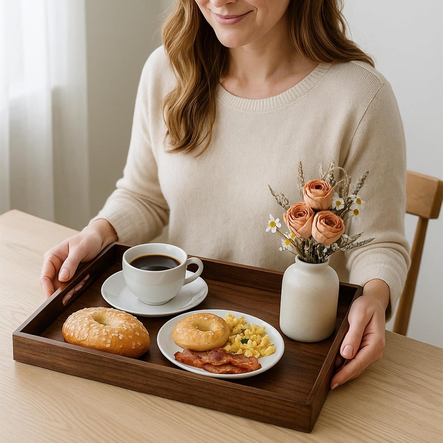 Acacia Wood Serving Tray with Handles, 17 Inch Wooden Tray for Ottoman, Breakfast, Lunch, Dinner, Decorative Rectangular Tray for Living Room, Kitchen Counter, Outdoor