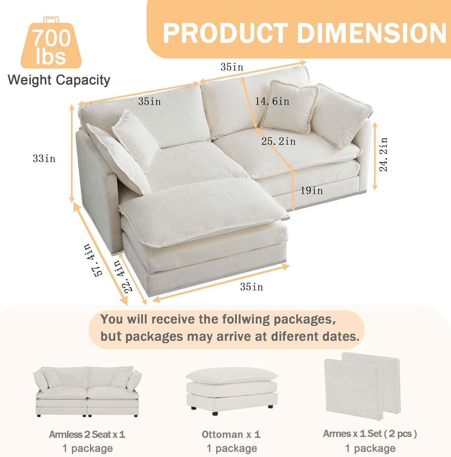 Sectional Sofa 2 Seater with Movable 1 Ottoman,Oversized Modular Couch Deep Seat (Beige, 76.7 inch-L)