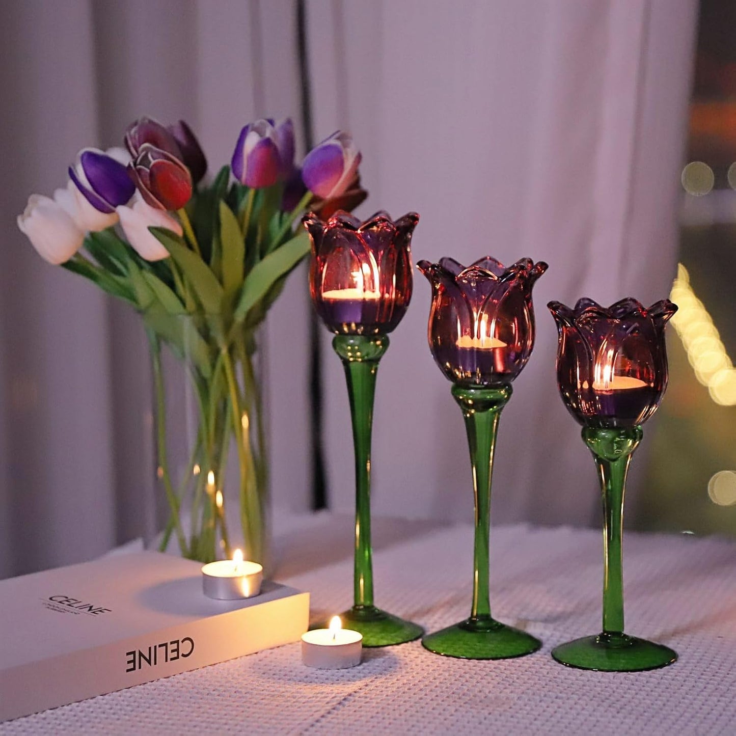 VOHO Purple Tulip Tealight Candle Holder Set of 3, Glass, Purple, Floral, Holidays, Wedding, Romance, Easter, Halloween, Thanksgiving, Christmas, Anniversary & Engagement, Tabletop, 3.15'' x 10.83''