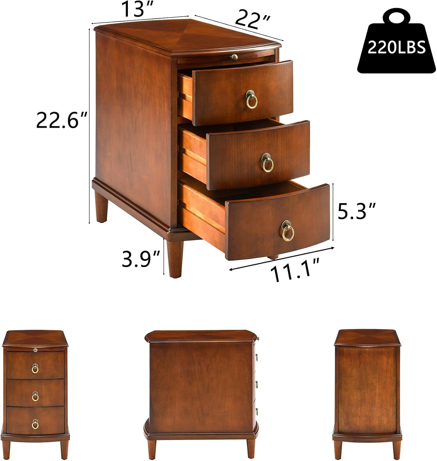 PADMA HOUSE Solid Wood End Table with 3 Drawers, Fully Assembled Nightstand with Sliding Shelf, Pre-Assembled Vintage Wooden Beside Table in Cherry Brown for Small Space,13.4 * 22.4 * 22.6in
