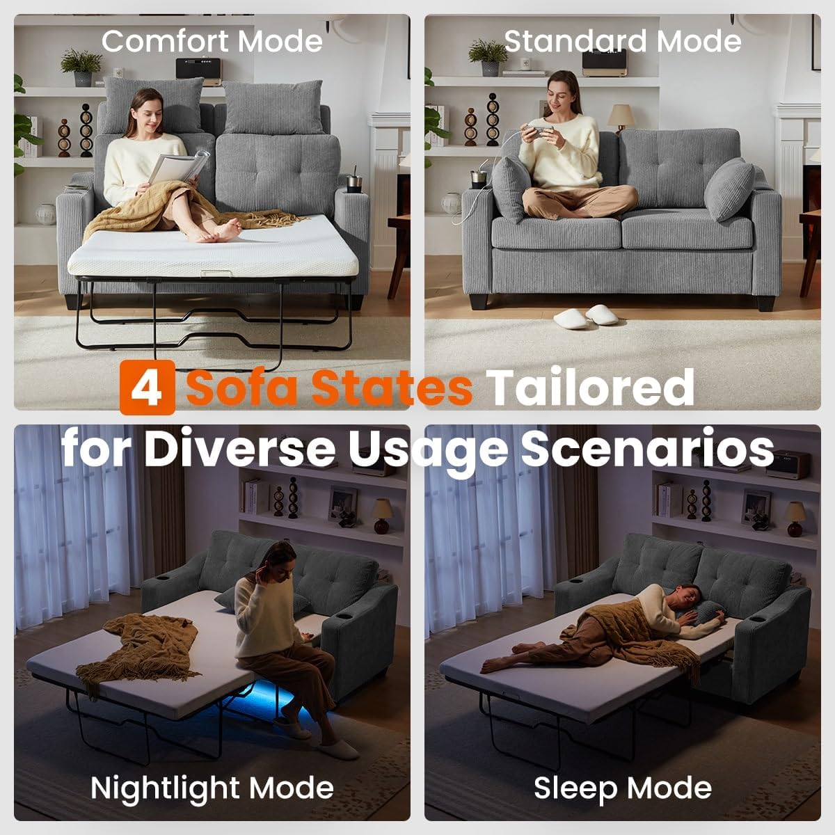 CHIC HOUSE Pull Out Sofa Bed, Full Size Sleeper Sofa, 2-in-1 Convertible Corduroy Couch with USB Charging, Memory Form Couch for Living Room, Apartment and Small Space (Grey, Corduroy - Full Size)