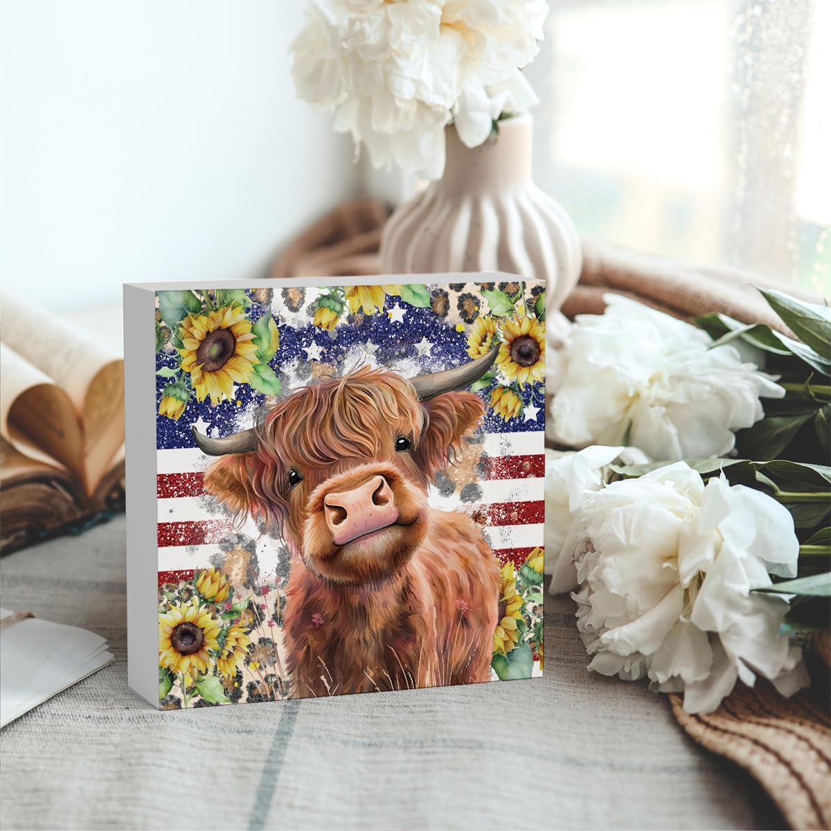 Cute Highland Cow Patriotic Baby Decor, Highland Cow Sunflower Decor, Wooden Box Decor Sign for Home Farmhouse Office Living Room Table Shelf