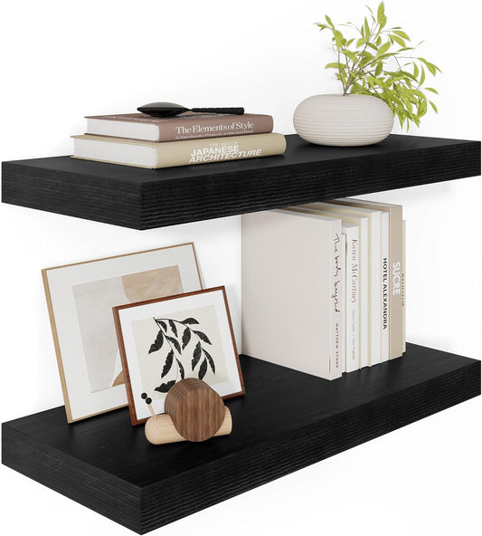 Black Floating Shelves for Wall 24 Inches Long, 12" Deep Wall Shelves 2" Thick, Heavy Duty Shelf for Bedroom, Bathroom, Living Room, Kitchen, Office, Home Decor, Modern Shelf Set of 2, 24" X 12" X 2"