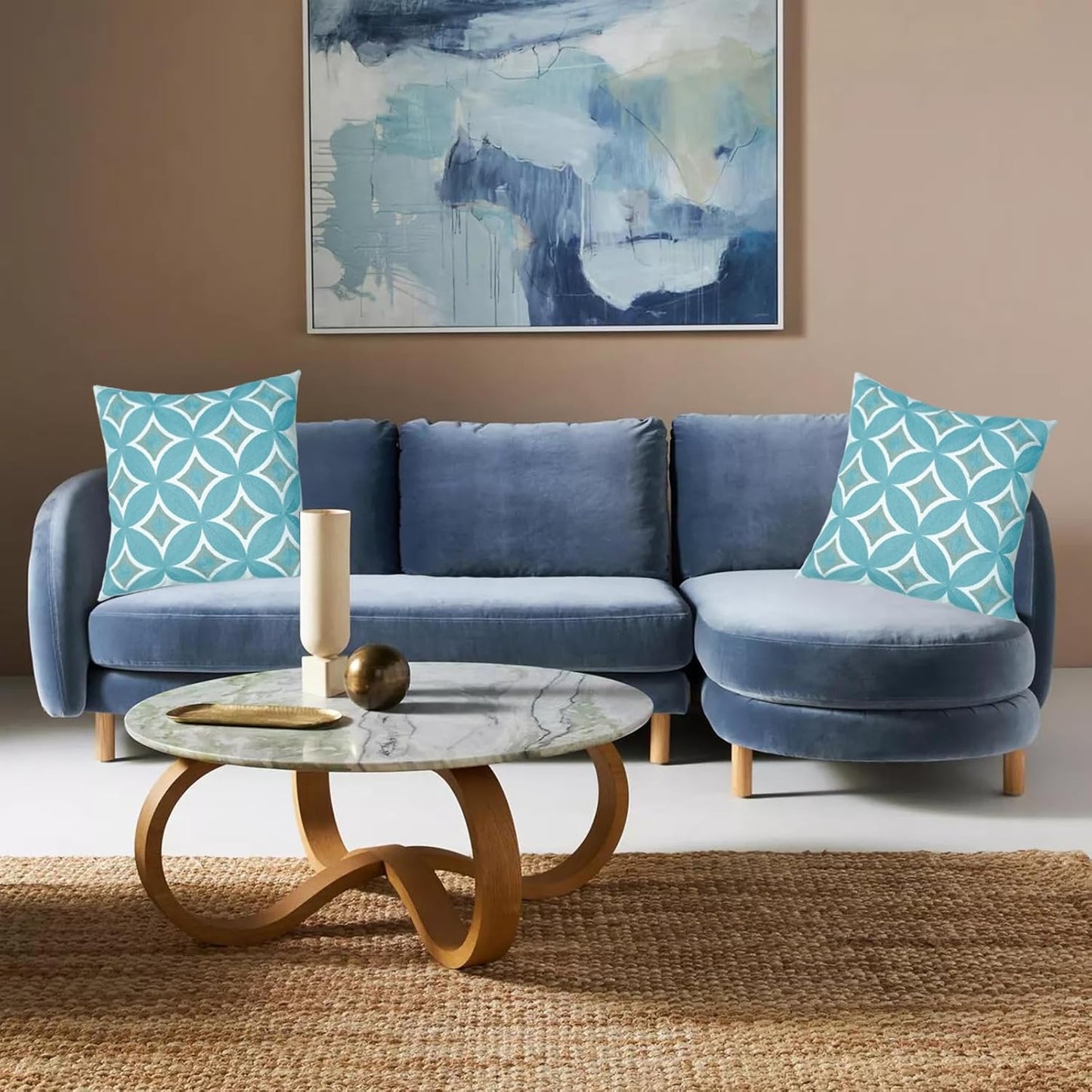 Embroidered Decorative Throw Pillow Cover, 18"x18" Set of 2, Farmhouse Pillowcase Blue Knit Pattern Cotton Canvas Cushion Case Square Floral Pillow Case for Sofa Couch Bed Living Room