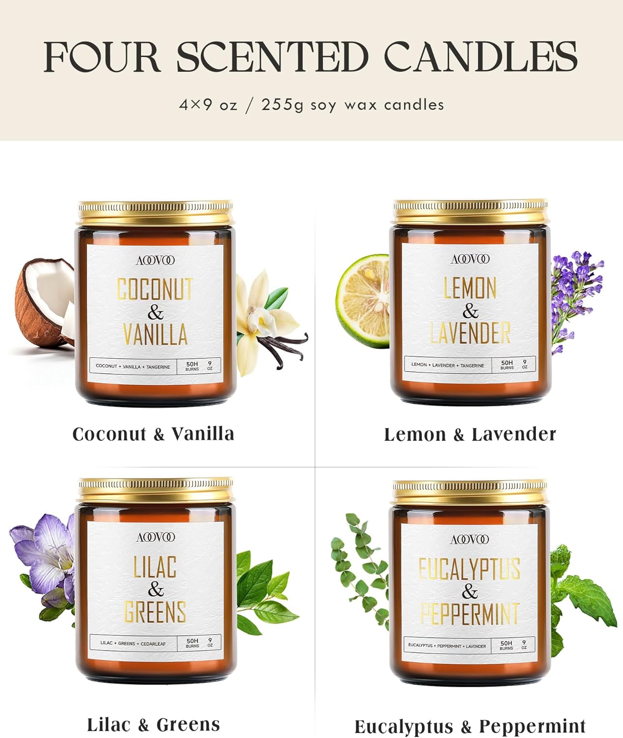 AOOVOO Eucalyptus/Vanilla/Lilac/Lavender Candles - 36 oz Scented Candles, Aromatherapy Candle, Soy Candle for Home Scented