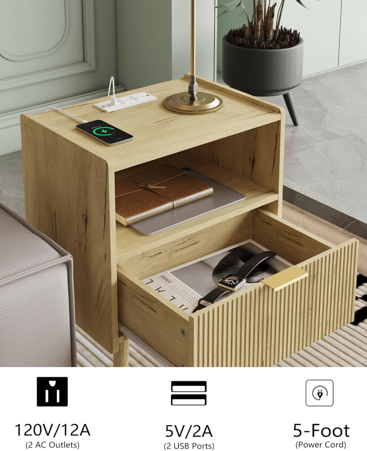 Nightstand,Modern Bedside Table with Storage Drawer and Open Wood Shelf, Accent Night Stand with Solid Wood Legs for Living Room, Bedroom and Small Spaces,Easy Assembly (Yellow Oak-Outlet)