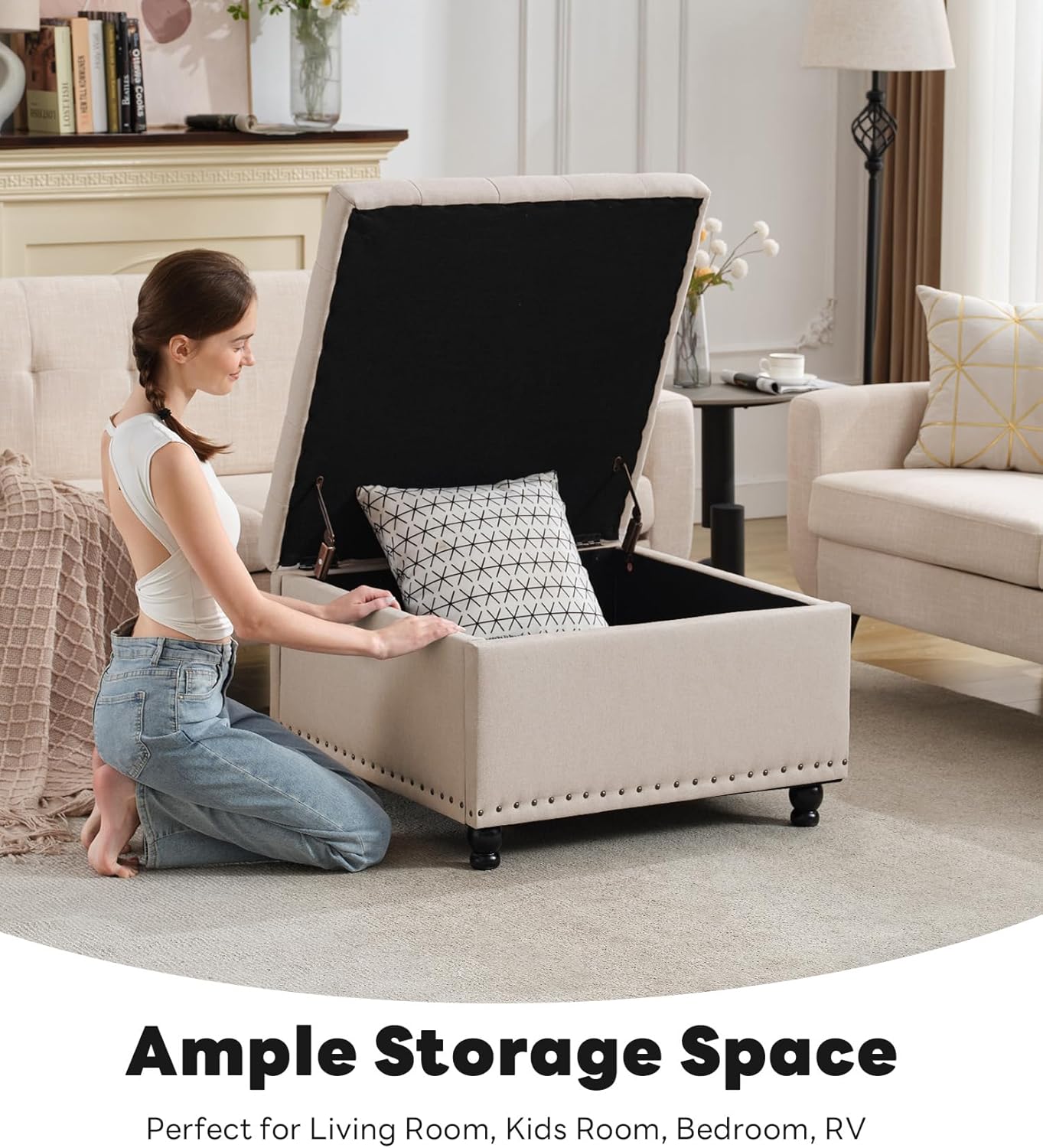 Tbfit Large Square Storage Ottoman Bench, Botton Tufted Upholstered Coffee Table with Wooden Legs, Oversized Storage Ottomans Toy Box Footrest for Living Room, Apartment, Beige