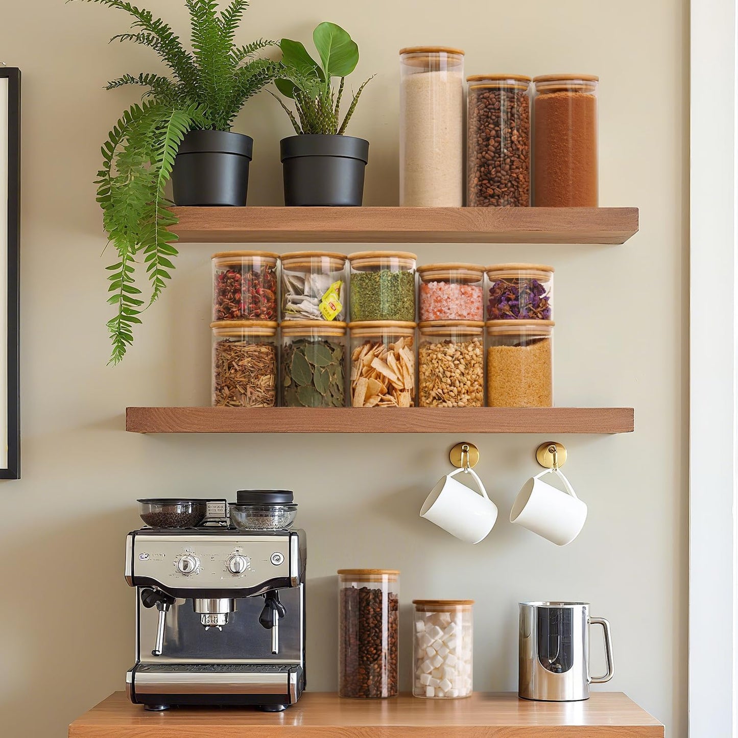 ComSaf Airtight Glass Food Storage Jars Set of 6, 0.6 Qt Clear Glass Food Storage Container with Sealing Wooden Lid, Stackable Spice Jar, Round Kitchen Canister for Sugar, Tea, Coffee bean, Pasta, Oat